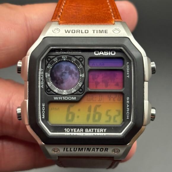 Custom Casio AE1200 Moon Eclipse Edition World Time 100m Leather Strap - Picture 7 of 17